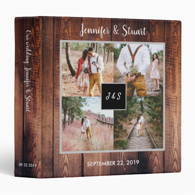 Rustic barn wood photo collage monogram Wedding Binder (Front/Spine)
