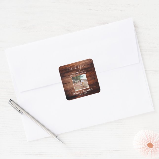 Rustic barn wood photo Wedding Thank you Square Sticker (Envelope)
