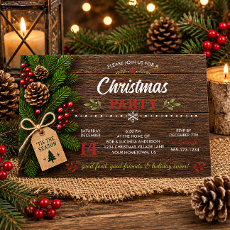 Rustic Barn Wood Pine Holly Christmas Party | Holiday Card