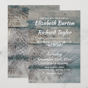 Rustic Barn Wood Pine Tree Winter Wedding Invitation