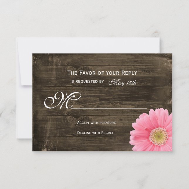 Rustic Barn Wood Pink Daisy Wedding RSVP Cards (Front)