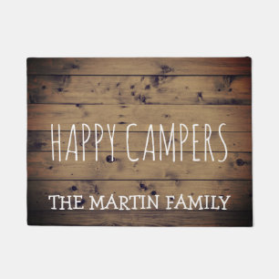Rustic Barn Wood Plank Personalized Happy Camper Doormat