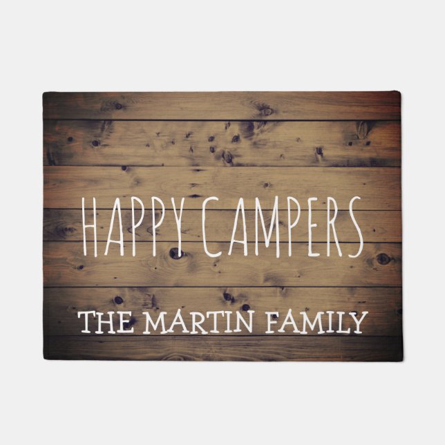 Rustic Barn Wood Plank Personalized | Happy Camper Doormat (Front)
