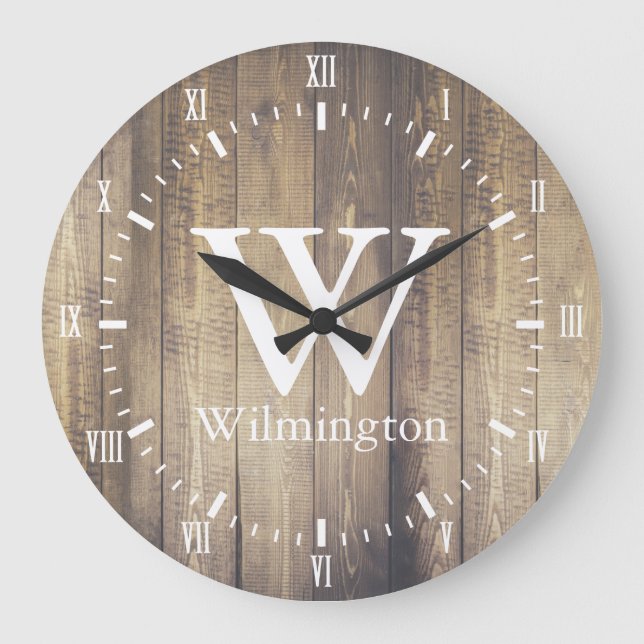 Rustic Barn Wood Planks White Roman Numerals Name Large Clock (Front)