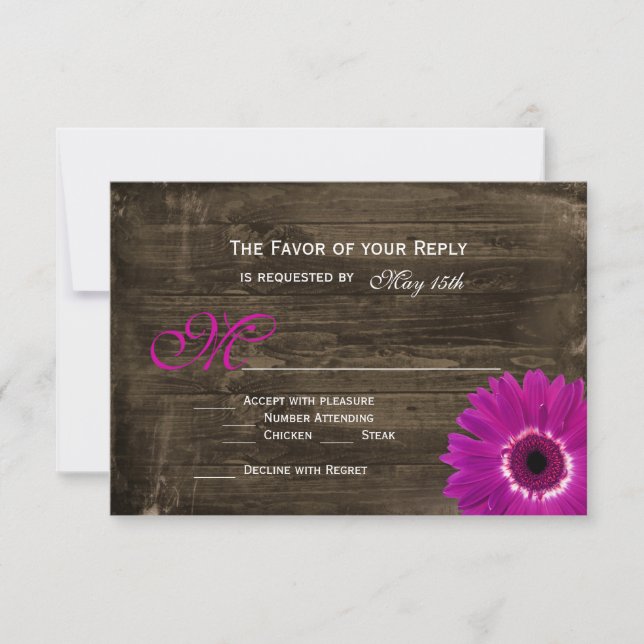 Rustic Barn Wood Purple Daisy Wedding RSVP Cards (Front)