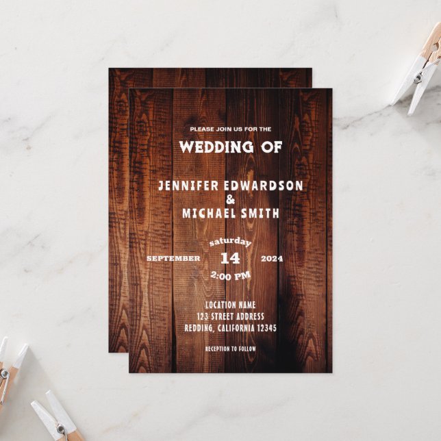 Rustic barn wood rural country wedding invitation (Front/Back In Situ)
