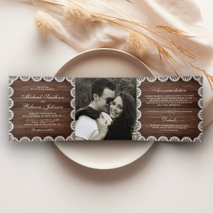 Rustic Barn Wood Scallop Lace Photo Wedding Tri-Fold Invitation