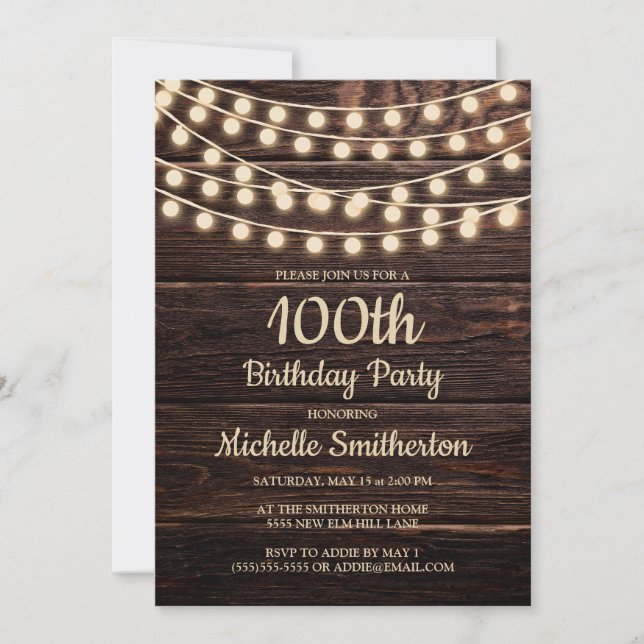 Rustic Barn Wood String Lights 100th Birthday Invi Invitation (Front)