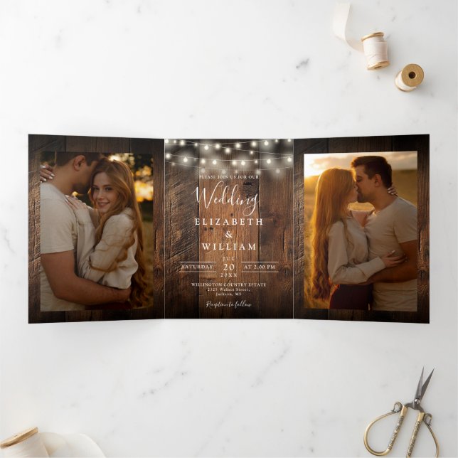 Rustic Barn Wood String Lights 3 Photo Wedding Tri-Fold Invitation (Inside)