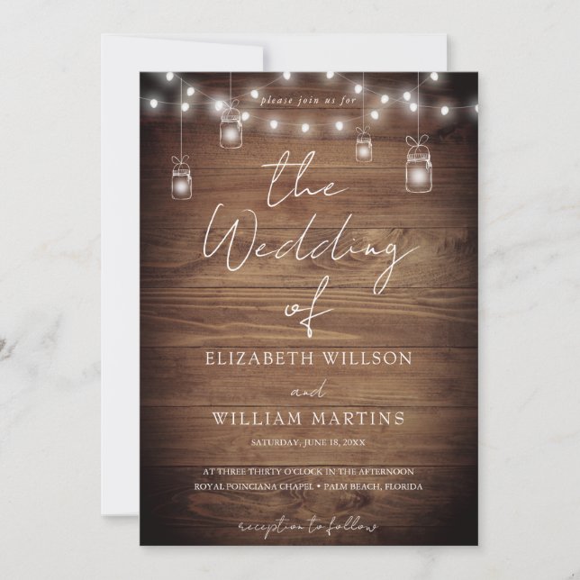 Rustic Barn Wood String Lights All In One Wedding Invitation (Front)