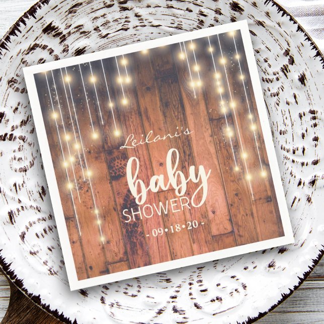 Rustic Barn Wood String Lights Baby Shower Napkin (Rustic wood string lights baby shower napkin is a perfect touch to your celebration.)