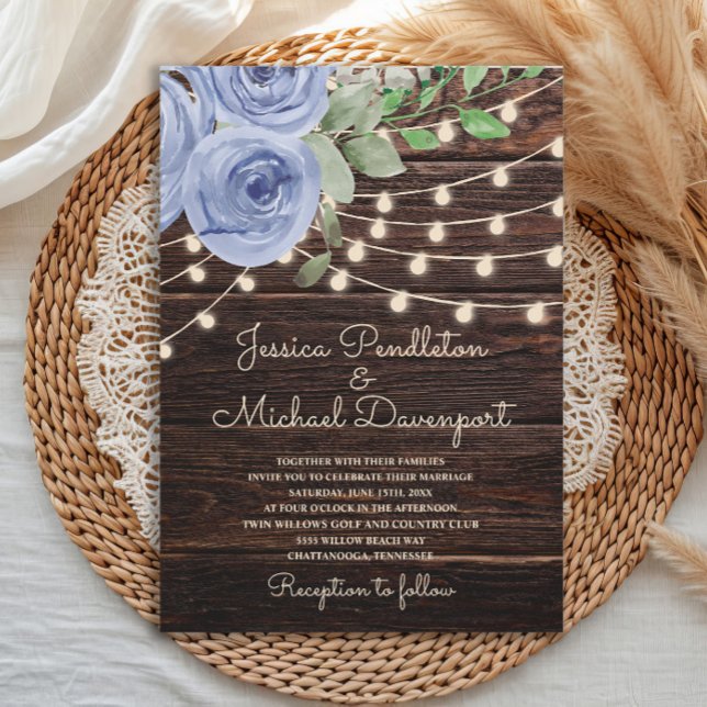 Rustic Barn Wood String Lights Blue Floral Wedding Invitation (Creator Uploaded)
