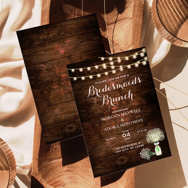 Rustic Barn Wood String Lights Bridesmaids Brunch Invitation (Creator Uploaded)