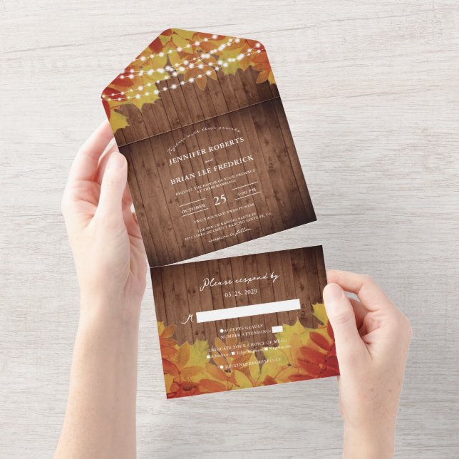 Rustic Barn Wood String Lights Fall Leaves Wedding All In One Invitation (Tearaway)