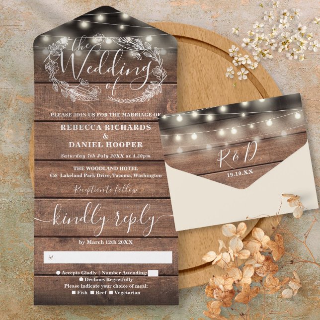 Rustic Barn Wood String Lights Floral Wedding All  In One Invitation (Rustic Barn Wood String Lights Floral Wedding All All In One Invitation)