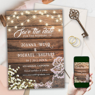 Rustic Barn Wood String Lights & Lace Country Save The Date