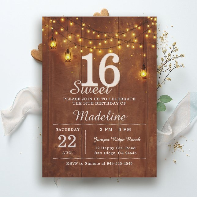 Rustic Barn Wood String Lights Lanterns Sweet 16 Invitation (rustic sweet 16 birthday party invitation string lights barn wood lanterns brown gold outdoors )