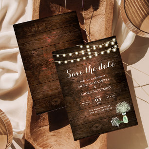 Rustic Barn Wood String Lights Mason Jar Wedding Save The Date