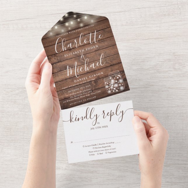 Rustic Barn Wood String Lights Mason Jars Wedding All In One Invitation (Tearaway)