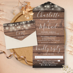 Rustic Barn Wood String Lights Monogram Wedding All In One Invitation