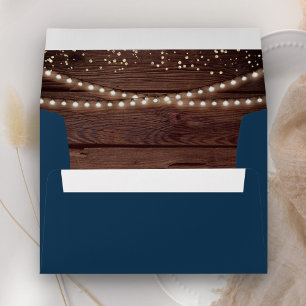 Rustic Barn Wood String Lights Navy Blue Wedding Envelope