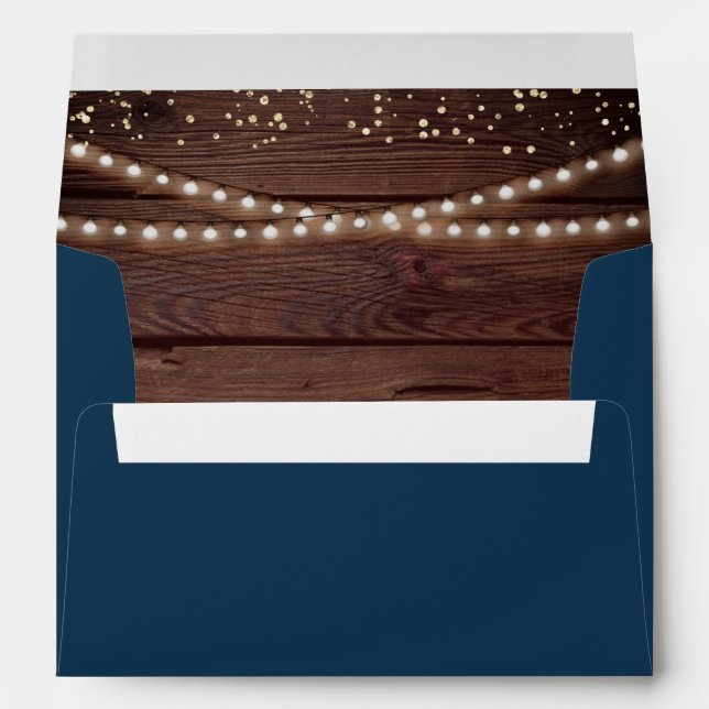 Rustic Barn Wood String Lights Navy Blue Wedding Envelope (Back (Bottom))