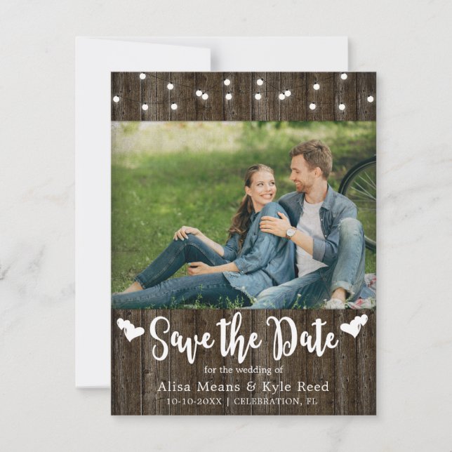 Rustic Barn Wood String Lights Photo Card (Front)