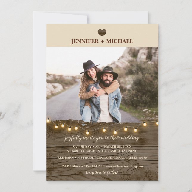 Rustic Barn Wood String Lights Photo Wedding  Invitation (Front)