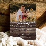 Rustic Barn Wood String Lights Photo Wedding Invitation<br><div class="desc">This Rustic Photo Barn Wood Wedding Invitation is perfect for a rustic country barn or garden wedding. This invitation features string lights on a barn wood plank background. This is a perfect theme for a late summer or fall wedding Make this wedding invitation your own by including your names, photo...</div>