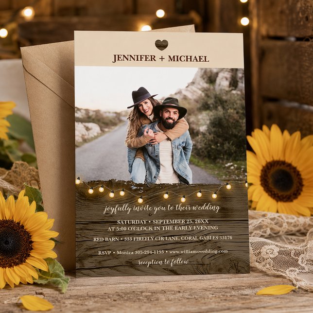 Rustic Barn Wood String Lights Photo Wedding  Invitation (Rustic Sunflower Wedding Invitation)
