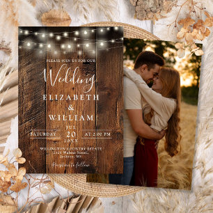 Rustic Barn Wood String Lights Photo Wedding Invitation