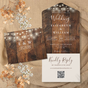 Rustic Barn Wood String Lights QR Code Wedding All In One Invitation