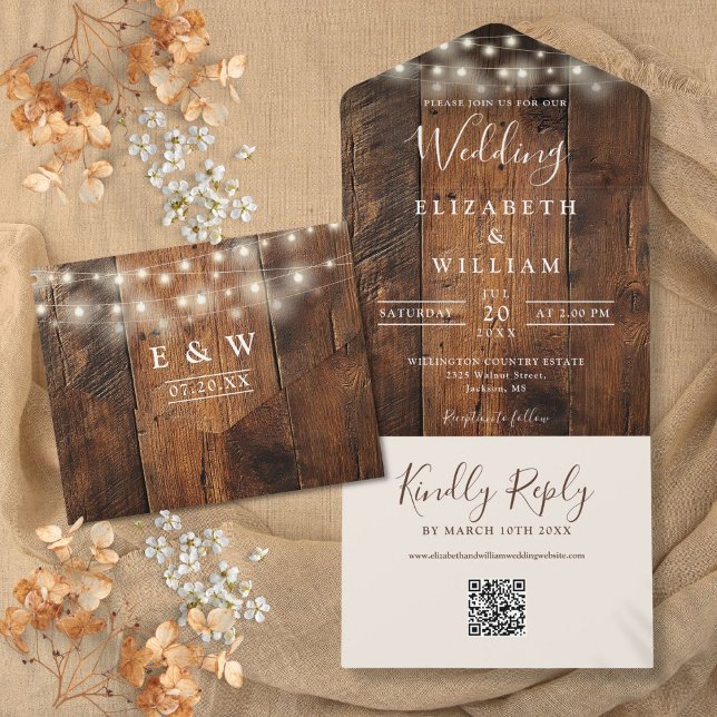 Rustic Barn Wood String Lights QR Code Wedding All In One Invitation (Rustic Barn Wood String Lights QR Code Wedding All In One Invitation)