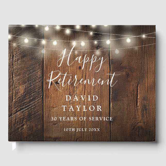 Rustic Barn Wood String Lights Retirement Party Guest Book (Front)