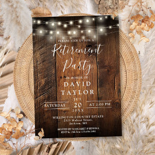 Rustic Barn Wood String Lights Retirement Party Invitation