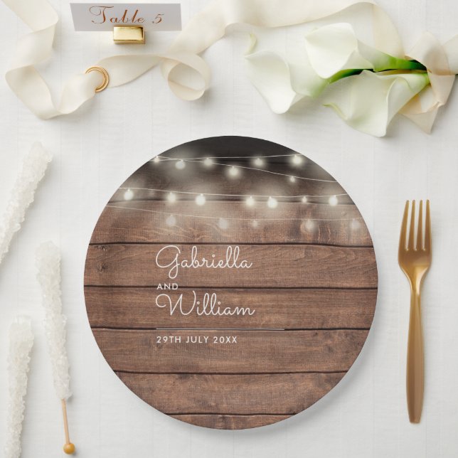 Rustic Barn Wood String Lights Script Wedding Paper Plate (Wedding)