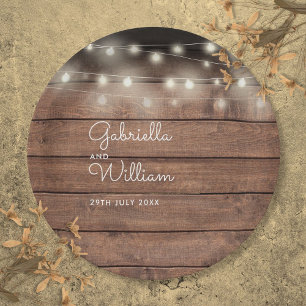 Rustic Barn Wood String Lights Script Wedding Paper Plate