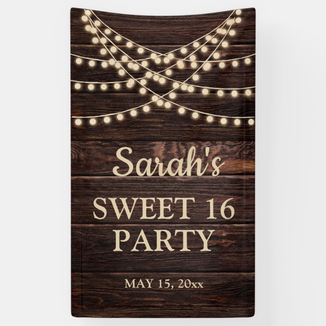 Rustic Barn Wood String Lights Sweet 16 Name Date Banner (Vertical)