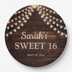 Rustic Barn Wood String Lights Sweet 16 Name Date  Paper Plate
