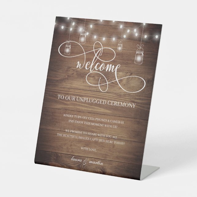Rustic Barn Wood String Lights Unplugged Ceremony Pedestal Sign (Front)
