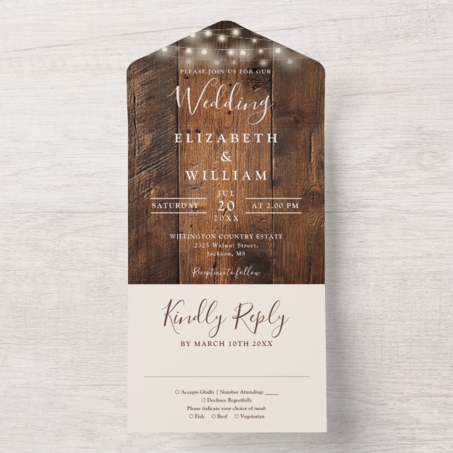 Rustic Barn Wood String Lights Wedding All In One Invitation (Inside)