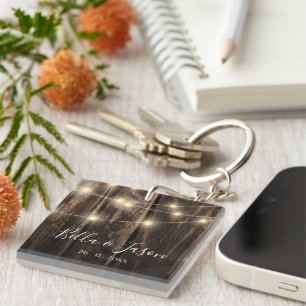 Rustic Barn Wood String Lights Wedding Favour Keychain