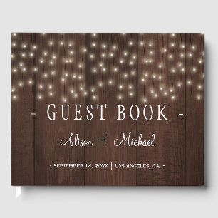 Rustic barn wood string lights wedding guest book