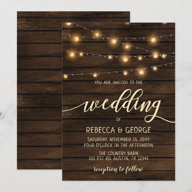 Rustic Barn Wood String lights Wedding invitations (Front/Back)