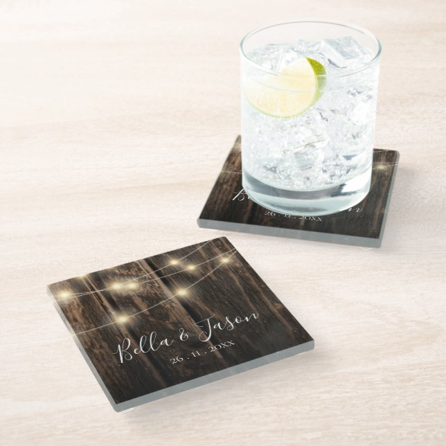 Rustic Barn Wood String Lights Wedding Party Glass Coaster (Angled)