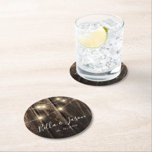 Rustic Barn Wood String Lights Wedding Party Round Paper Coaster