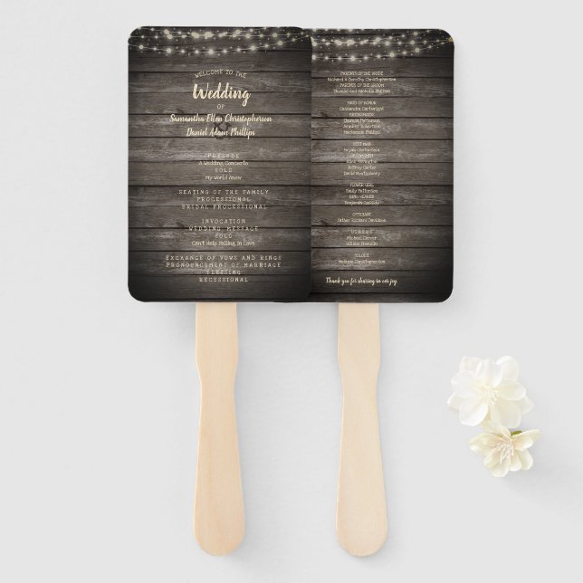 Rustic Barn Wood String Lights Wedding Program Hand Fan (Front and Back)