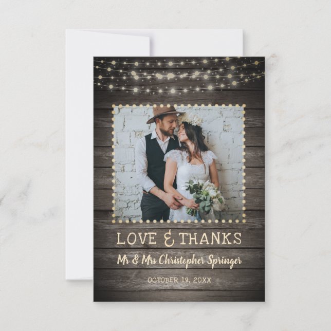 Rustic Barn Wood String Lights Wedding Thank You Card (Front)