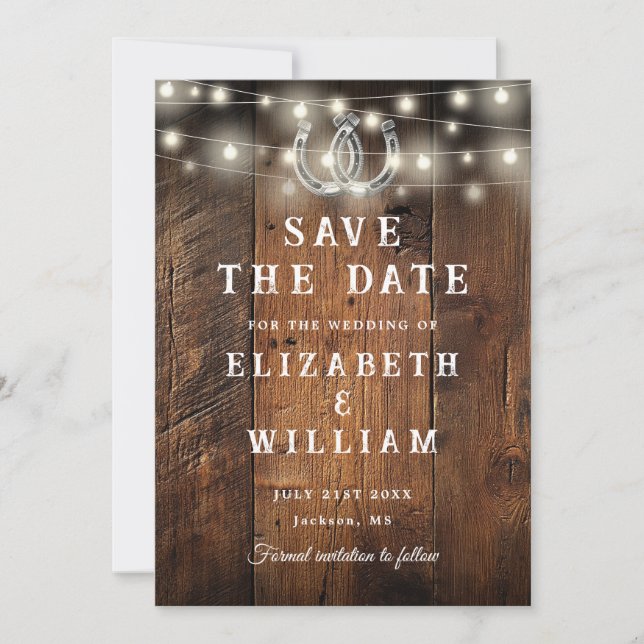 Rustic Barn Wood String Lights Western Wedding  Save The Date (Front)