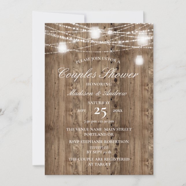 Rustic Barn Wood String of Lights Couples Shower Invitation (Front)